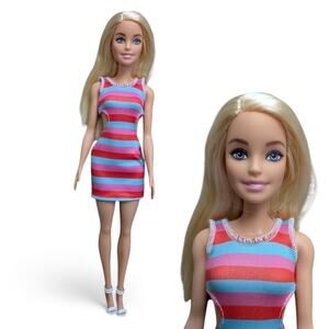 Barbie Doll in Stripe Dress and White Shoes New Blonde Hair Outfit Clothes